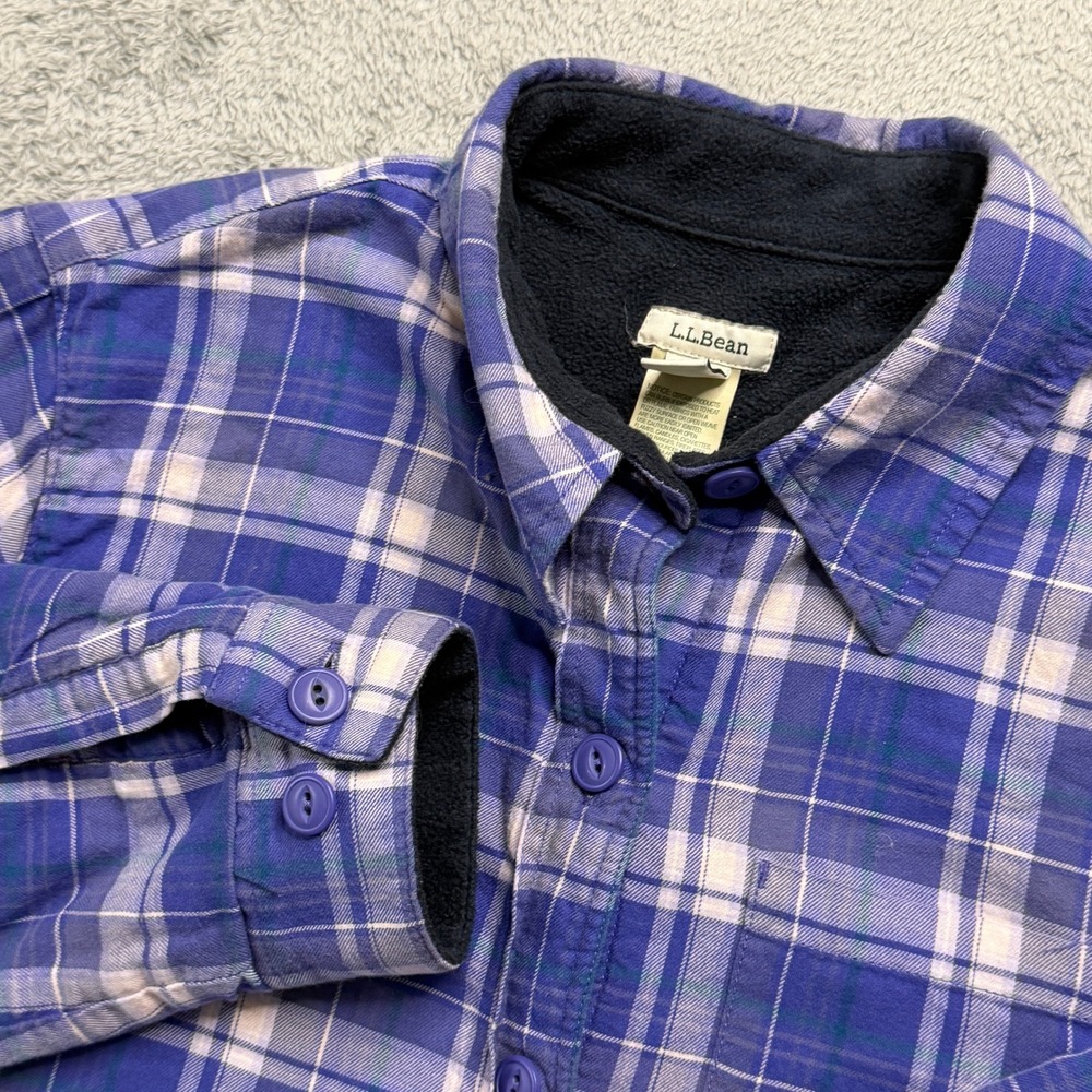LL Bean Womens XS Fleece Lined Flannel Shirt Purple Plaid Button Down 285013